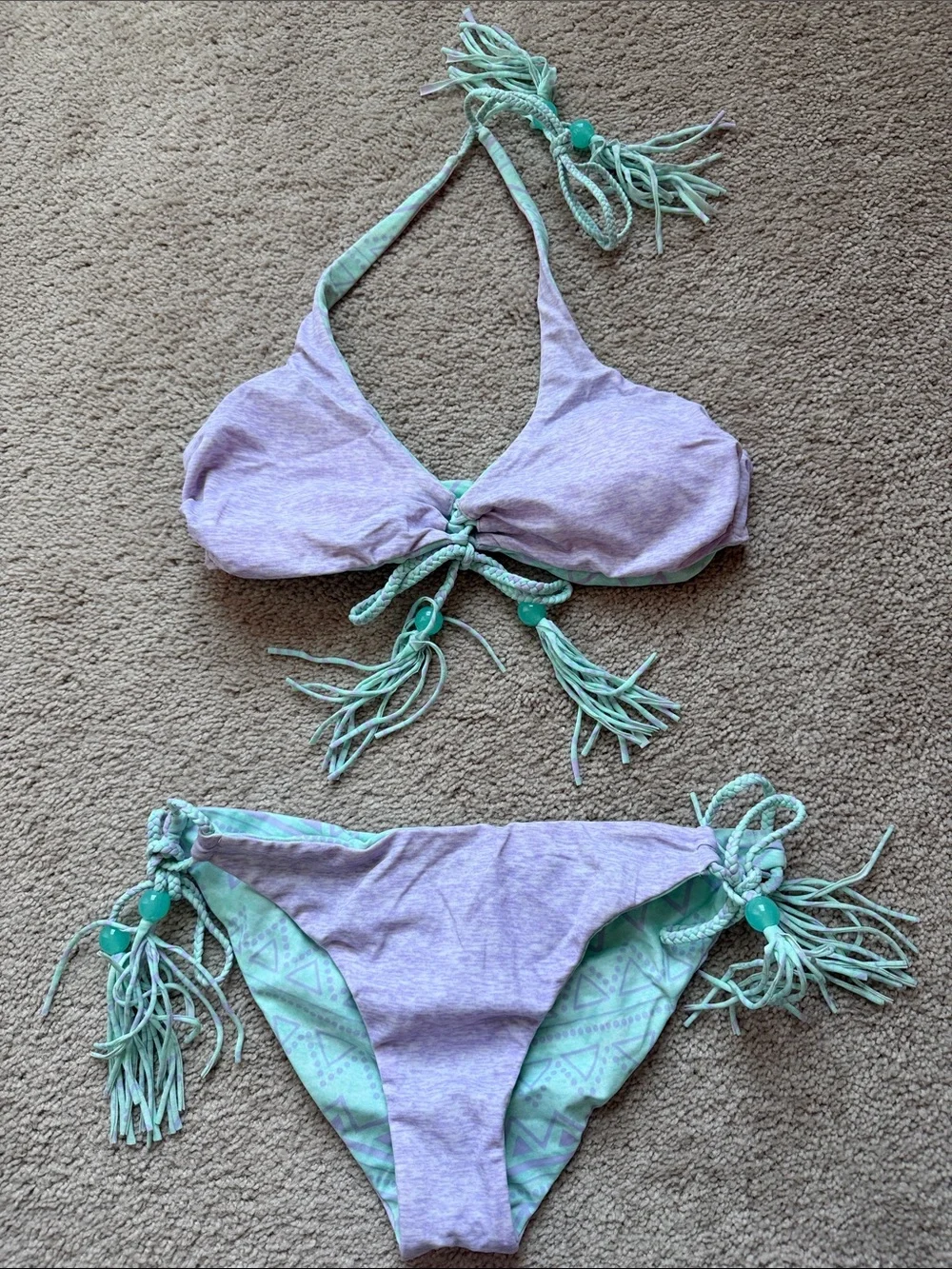 Victoria's Secret Reversible Blue/Lilac Halter Bikini with Blue Tassels - Picture 1 of 10